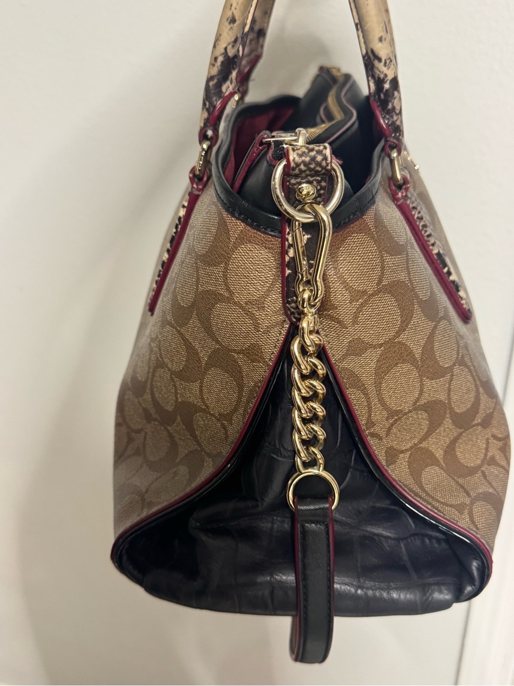Coach Brown Signature Canvas Satchel with Snakeskin-Trim